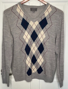 Vintage Merona Men's Argyle V-Neck 100% Merino Wool Sweater Sz XL Preppy